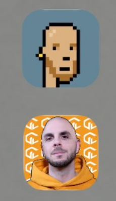 Two mobile app icons displayed on a gray background: a pixel art portrait of a bald figure with a beard on a blue background, and below it, a man wearing an orange Gucci-patterned hoodie.