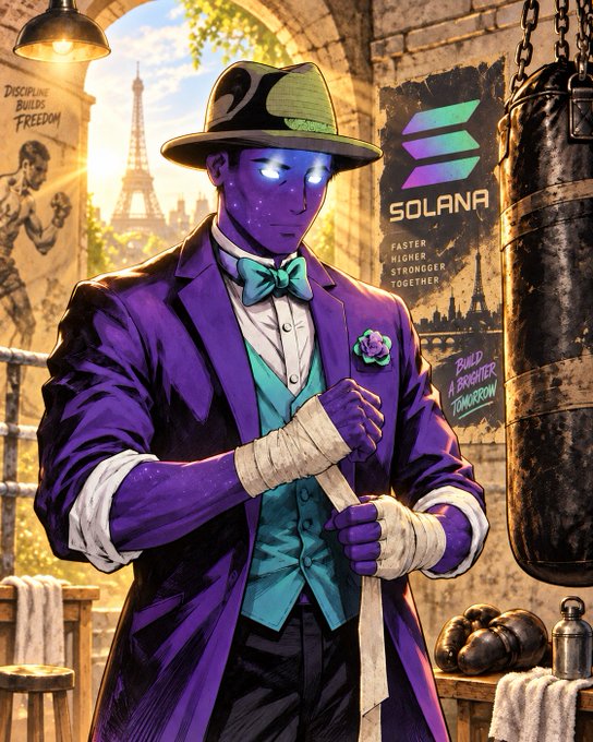 A purple-skinned boxer character in a fedora and trench coat stands in a gym setting, with a poster displaying the 'SOLANA' logo and the text 'FASTER, HIGHER, STRONGER, TOGETHER' alongside 'BUILD A BRIGHTER TOMORROW'.