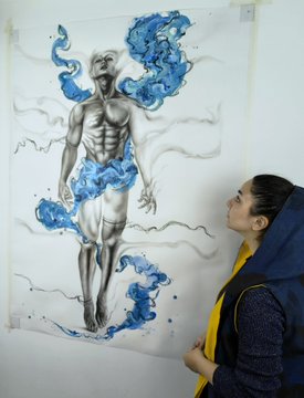A woman wearing a yellow and blue outfit stands next to a large sketch of a muscular man surrounded by blue abstract shapes.