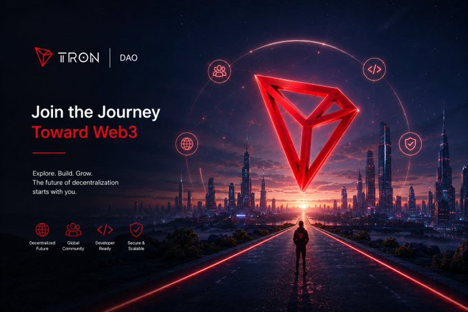 A promotional graphic for TRON DAO with the tagline 'Join the Journey Toward Web3' and 'Explore. Build. Grow.' featuring a glowing red TRON diamond logo hovering over a futuristic city.
