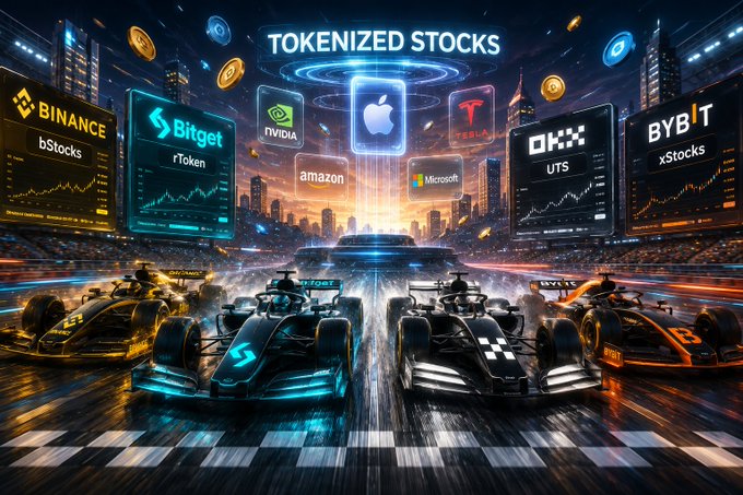 A vibrant, futuristic racing scene features five Formula 1-style cars speeding toward the finish line, each labeled with the name of a major crypto exchange: **Binance (bStocks)**, **Bitget (rToken)**, **OKX (UTS)**, **BYBIT (xStocks)**, and an **NVIDIA-branded** vehicle. Above the track, glowing holographic tokens display **Tesla**, **NVIDIA, Amazon, Microsoft**, and **Apple** under the bold heading "TOKENIZED STOCKS," visually capturing the competitive race among exchanges to offer tokenized U.S. stock trading through blockchain.