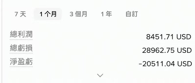 A trading statistics screen in Chinese for a one-month period, showing a total profit of 8451.71 USD, total loss of 28962.75 USD, and a net floating loss of -20511.04 USD.