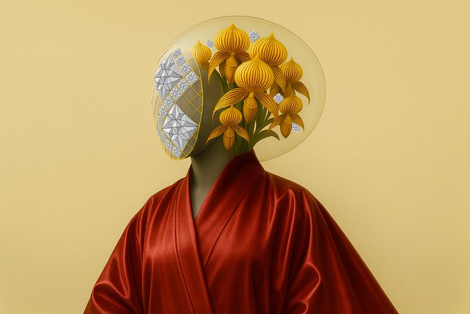 A person in a red silk robe wearing an ornate headpiece featuring yellow orchid-like flowers and geometric patterns against a pale yellow background.
