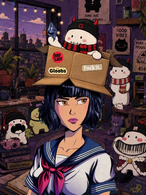 The image features a girl wearing a sailor outfit and has a cardboard box placed on her head as part of her costume, giving her a quirky appearance. The background includes several other cartoon characters, including a white cat with horns, a black cat with horns, and a white dog with horns. The text in the image reads "Fock it @TheGloobs is allocating 50 GTD spots to the @MadLads community! The Gloobs is a 10k supply NFT collection on Ethereum, building a fun, community-driven universe of weird cute little creatures with unique personalities and stories".