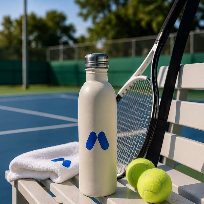 A white stainless steel water bottle with a blue 'A'-shaped logo sits on a white tennis court bench alongside a folded white towel, two yellow tennis balls, and a tennis racket, with a fenced court in the background.