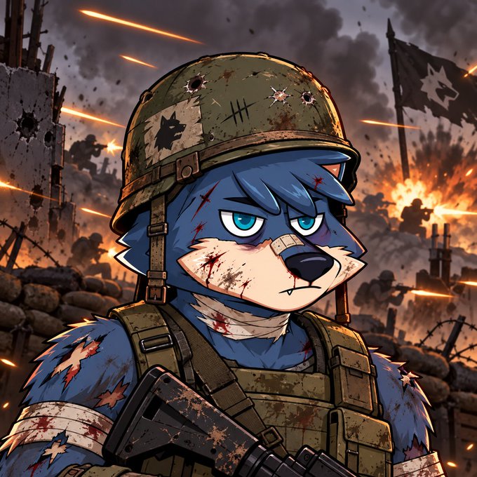 An illustrated anthropomorphic blue wolf character wearing a battle-damaged military helmet and tactical gear, with blood splatters on its face and uniform, standing against a war-torn background with explosions and a wolf-themed flag.