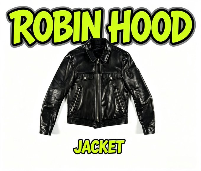This image shows a black leather jacket with the text "ROBIN HOOD" above it and "JACKET" below it. The image visually represents the "$JACKET" ticker mentioned in the accompanying post.
