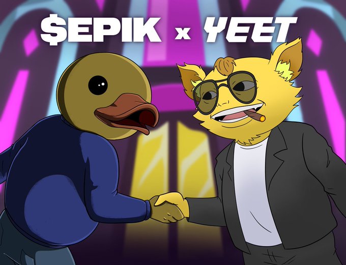 A cartoon-style promotional illustration featuring a duck and a cat wearing sunglasses shaking hands, with the text '$EPIK x YEET' displayed at the top.