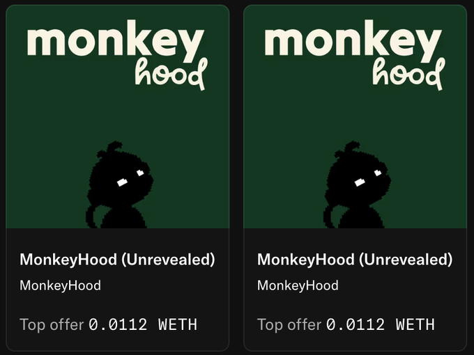 Two identical MonkeyHood (Unrevealed) listings, each with a top offer of 0.0112 WETH, displayed side by side. The image illustrates the user's two "lil monkes" they plan to merge into a single upgraded MonkeyHood NFT to qualify for treasury performance fees and a chance at the $1,403 raffle prize.