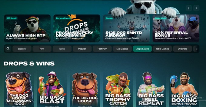A screenshot of a Stake.us online casino webpage featuring promotional banners for RTP boosts, a $125,000 airdrop, and various 'DROPS & WINS' slot games including 'The Dog House Megaways' and 'Big Bass' series.