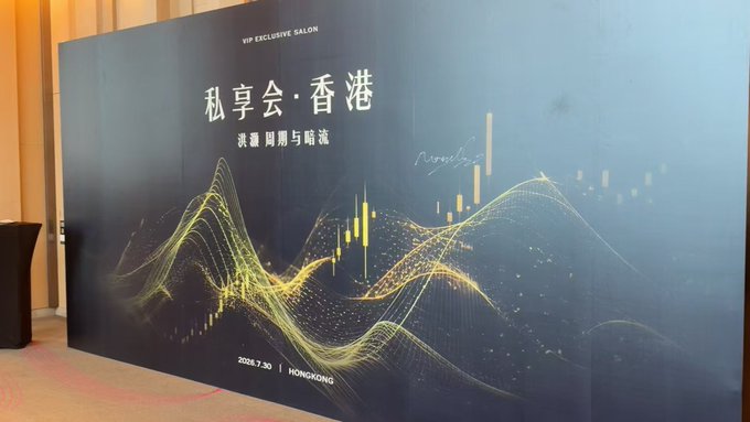 A large dark backdrop displays "VIP EXCLUSIVE SALON" at the top, with the Chinese title "私享会·香港" (Private Salon · Hong Kong) and the subtitle "沸騰 周期 與 暗流" (Boiling, Cycles & Undercurrents) prominently featured, along with the date "2025.7.30 | HONGKONG." Stylized golden wave patterns and candlestick chart graphics decorate the lower portion, visually tying the event's financial market theme to the Binance VIP gathering where economist Hao Hong discussed the ongoing tech stock correction.