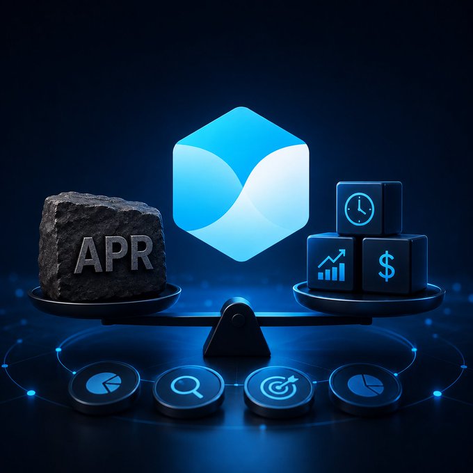 A digital graphic featuring a glowing blue cube, an 'APR' rock on a balance scale, and financial icons representing time, growth, and currency.