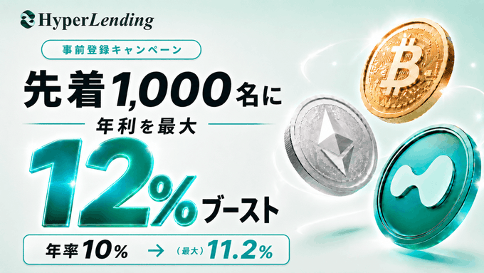 The image features an advertisement for HyperLending's Pre-Registration Campaign that allows investors to participate in a limited-time offer with only 1,000 registrants. The campaign offers a 12% annual boost after the first 1,000 signups are completed. The remaining 11% boost will be applied to future signups if the participant decides not to take advantage of this offer. The advertisement emphasizes that the registration is a pre-registration, meaning it must be done at the end of July for full benefits. Participants can deposit and receive a 10% discount on their initial investment when the campaign ends in December or January depending on whether they choose a 1-year or 2-year boost option. Additionally, if participants decide to enroll by the end of June, they will receive a 12% annual boost.