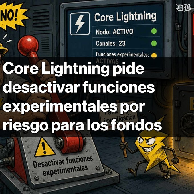 An illustrated graphic showing 'Core Lightning pide desactivar funciones experimentales por riesgo para los fondos' (Core Lightning asks to disable experimental functions due to risk to funds), depicting a Core Lightning control panel and a lightning bolt character.