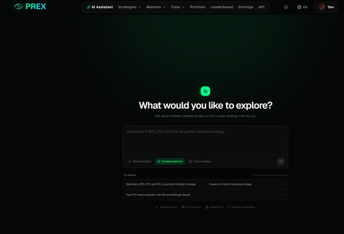 A screenshot of the PREX platform displays the AI Assistant interface asking 'What would you like to explore?' with a text box to ask about markets, validate ideas, or find strategies.