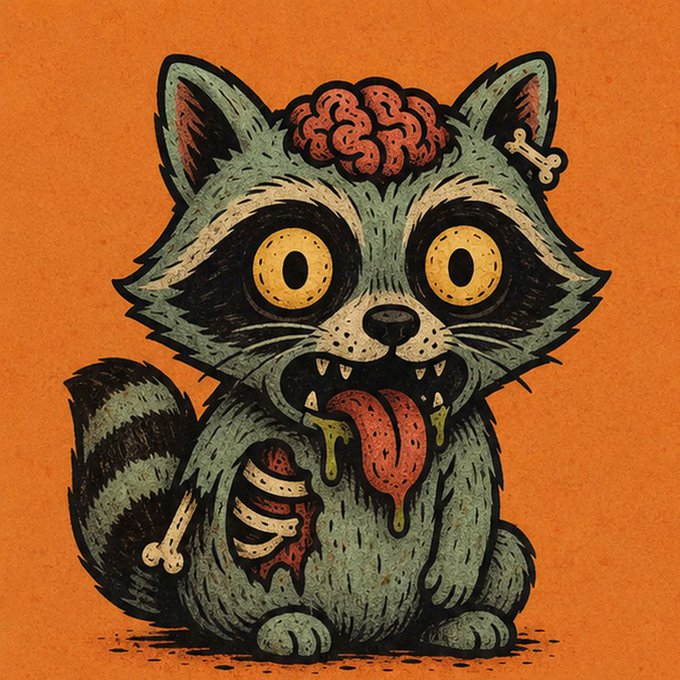 An illustration of a zombie-like raccoon with an exposed brain, visible ribs, a bone sticking out, and a bloody tongue hanging out against an orange background.