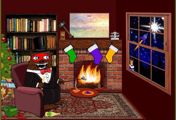 Cartoon scene of a brown creature in a tuxedo and top hat sitting by a fireplace with colorful stockings, while a rocket ship flies past the window on Christmas night.