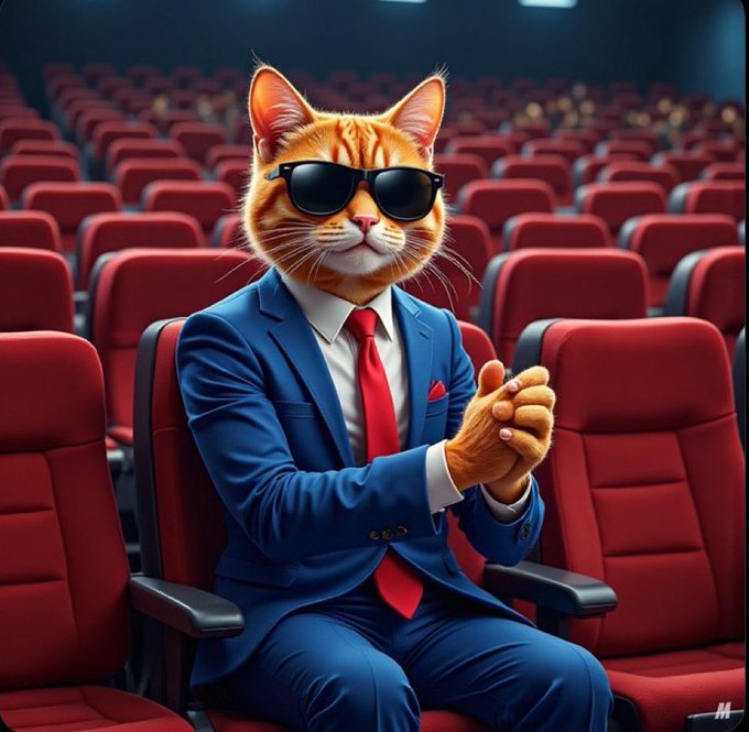 AI-generated image of an anthropomorphic cat wearing a blue suit, red tie, and sunglasses, sitting confidently in a red theater seat with paws clasped together.