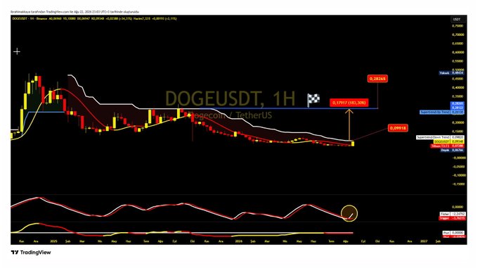 A DOGEUSDT 1-hour TradingView chart showing DOGE/TetherUS with technical indicators, key resistance levels at 0.39168 and 0.28528, marked with a target (0.39831) and stop-loss annotations, illustrating the bullish setup for a potential breakout above 0.309. The bottom indicator panel shows a positive momentum reading, aligning with the post's claim of confirmed upward momentum and a 10x potential rally.