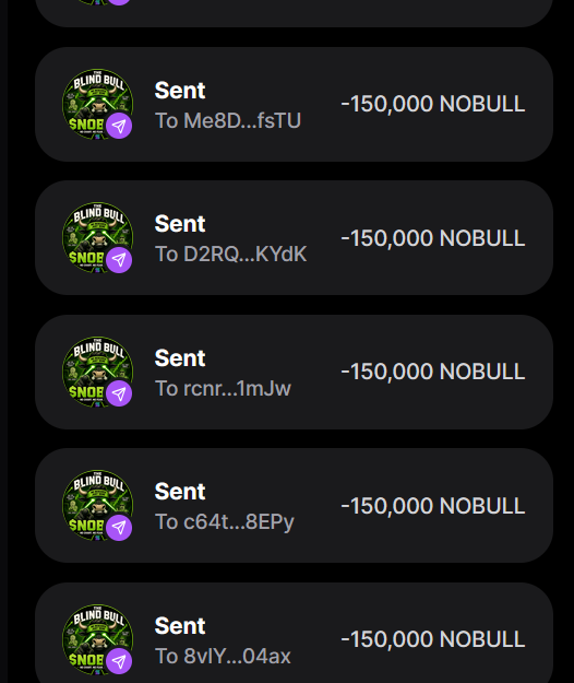 The image displays a series of transaction records showing multiple "Sent" transfers of 150,000 NOBULL tokens to various wallet addresses (truncated for privacy), aligning with the accompanying post's claim of distributing 150,000 $NOBULL tokens to participants who complete the listed steps.
