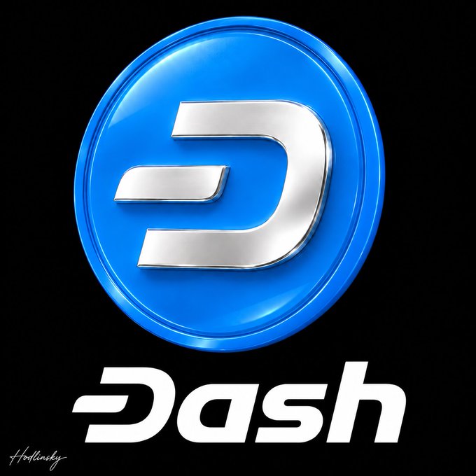 The 3D Dash cryptocurrency logo, featuring a silver 'D' on a glossy blue coin with 'Dash' written below in white stylized text on a black background.