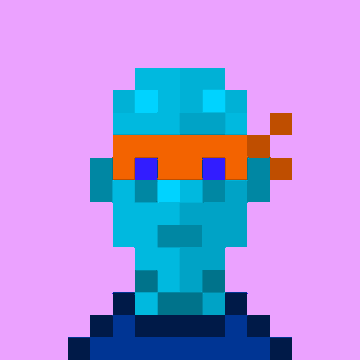 A pixel art illustration shows a teal robotic figure with an orange visor/mask across its eyes, matching the post's reference to "orange" and "mask me that." The simple blocky character is centered against a pink background, visually echoing the retro pixel art aesthetic the post alludes to.