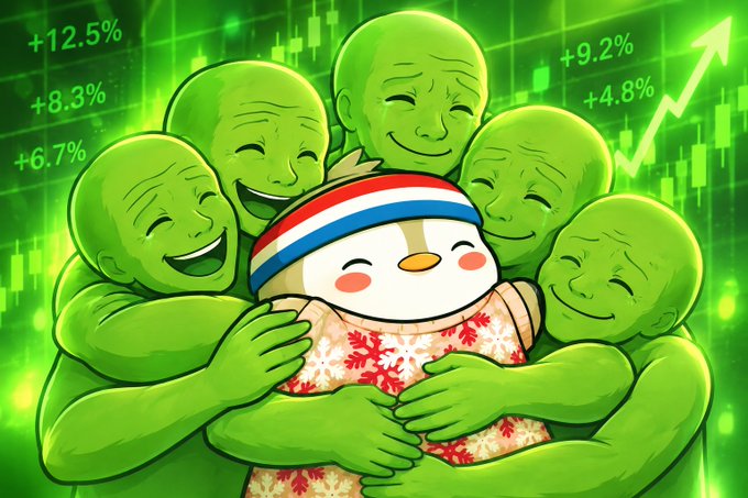 A cartoon illustration of green smiling figures hugging a character in a Hawaiian shirt and headband, with a stock chart showing green percentage gains (+12.5%, +8.3%, +6.7%, +9.2%, +4.8%) in the background.