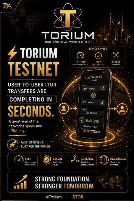 A promotional graphic for 'TORIUM TESTNET' with the tagline 'BUILDING REAL-WORLD UTILITY' advertising user-to-user tTOR transfers completing in seconds, showing testnet stats including '~1-3 SEC AVG CONFIRMATION', 'HIGH SUCCESS RATE', and 'STABLE NETWORK', with the ticker '$TOR' and hashtag '#Torium' at the bottom.