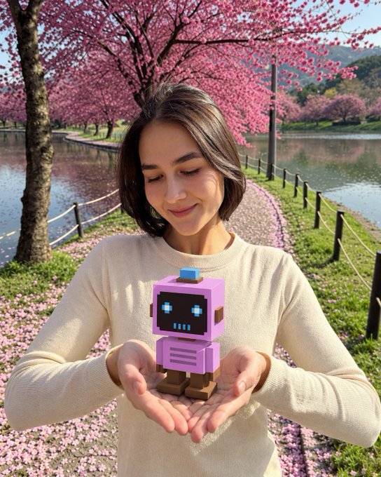 A woman in a cream sweater stands under blooming pink cherry blossom trees, smiling as she holds a small purple and brown robot figurine in her cupped hands.