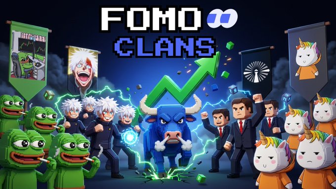 A promotional graphic for "$FOMO Clans" featuring cartoon characters including green Pepe-style figures, white-haired anime-style warriors, businessmen in suits, blue horned bulls, and rainbow-manicorns flanking the "FOMO CLANS" text with a green upward arrow, visually representing the clan selection and airdrop feature described in the post where users can instantly distribute token launches to an entire community.