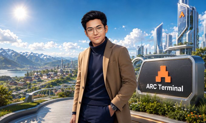 An illustrated man in glasses, a brown coat, and a blue turtleneck poses beside futuristic skyscrapers with an 'ARC Terminal' sign in the foreground.