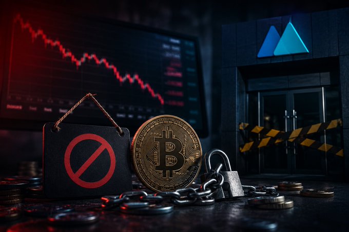 A Bitcoin coin sits chained with a padlock alongside a "no entry" sign, set against a backdrop showing a sharply declining red chart and a closed building with the BitMEX logo and yellow caution tape across its doors—visually representing the exchange's shutdown and the sharp downturn associated with its impending September termination.