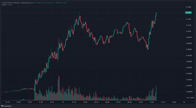 A TradingView candlestick chart of **$CASHCAT/USDT** (Dogematic.com) shows the token's price climbing from lows near $0.0846 to recent highs around $0.1057 on heavy volume, nearing its all-time high as referenced in the post.