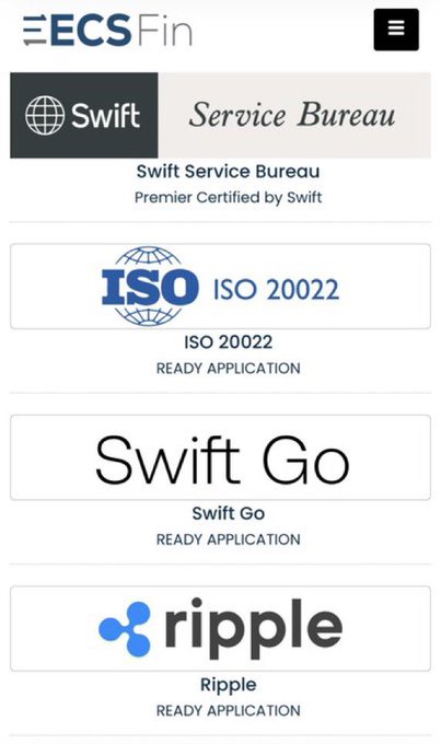 The image displays the ECS Fin platform featuring four "Ready Applications": Swift Service Bureau (Premier Certified by Swift), ISO 20022, Swift Go, and Ripple. This supports the post's message by visually confirming Ripple's integration alongside Swift-based financial messaging services within the same enterprise ecosystem.