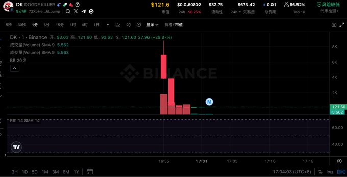 A TradingView candlestick chart showing the token 'DK DOGDE KILLER' on Binance, with a current price of $121.60, a 24h change of -98.25%, and a massive red candle indicating a pump and dump pattern.