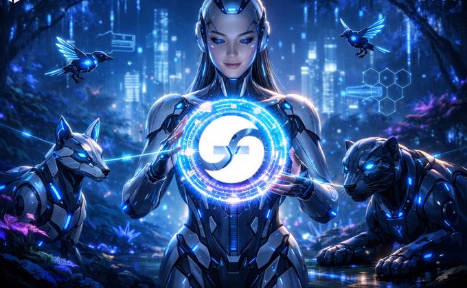 A digital artwork depicting a futuristic female robot with glowing blue eyes holding a luminous white logo, accompanied by two robotic panther-like creatures in a neon-lit, mystical forest setting.