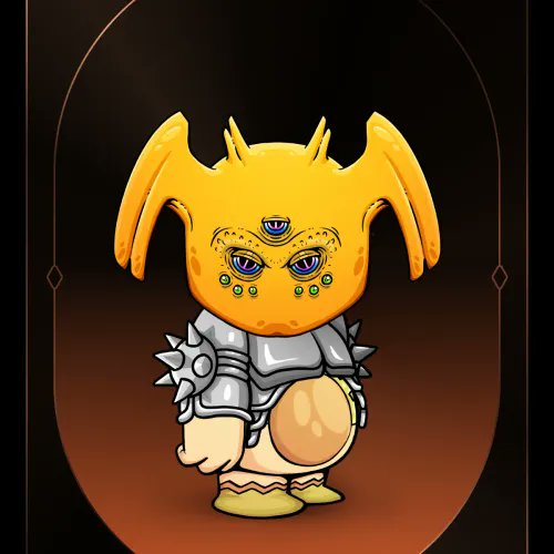 A digital illustration of a yellow, three-eyed creature with large ears wearing spiked armor, displayed as an NFT character avatar. The image relates to the post about purchasing "Koda #6336," an NFT collectible, with the bizarre creature representing the character's design.