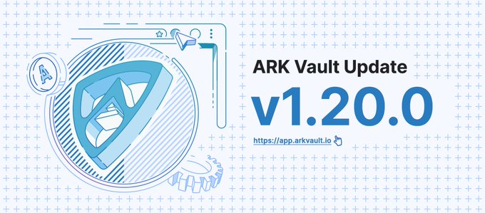 A promotional graphic for 'ARK Vault Update v1.20.0' with a blue stylized logo on a grid background and the URL 'https://app.arkvault.io'.