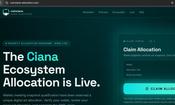 The image shows a website called "The Ciana ecosystem allocation is live." The website appears to be promoting a new system for allocating cryptocurrency among users. It has a green background with white text that reads "The Ciana ecosystem allocation is live," indicating that this system is currently active and available for use.