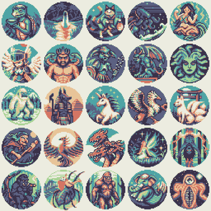 A pixel art illustration features a 5x5 grid of various circular icons depicting mythological creatures, deities, and monsters in a limited color palette of teal, orange, and dark blue.
