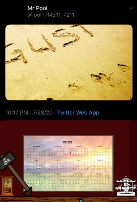 The image is a Twitter post by Mr Pool (@_looP_rM311_7211) showing the words "AUGUST" written in sand, accompanied by a 2022 calendar highlighting the month of August. This visually ties to the caption "Golden Sun=AUgust" by using the warm, golden tones of both the sand and the sunset-colored calendar to represent the arrival of August.