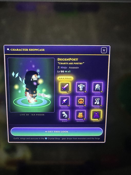 A video game character showcase screen for 'DegenPoet' (Ninja · Assassin, Lv 90), displaying a 3D animated ninja character alongside equipment slots for Weapon, Armor, Helmet, Necklace, Ring, Boots, Bracer, Backpack, and Garment, with a prompt to 'GET THIS LOOK'.