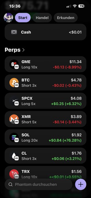 The image shows a phone screen displaying various cryptocurrency trading options, including Bitcoin, Ethereum, and Ripple. The screen also has a message that reads "Start perps", which could be related to a new trading account or an update for existing ones. The text on the screen is in German, indicating that it might be a foreign language.