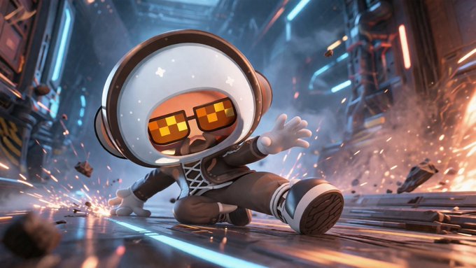 A 3D-rendered character in a white astronaut-style helmet and pixelated sunglasses, sitting on the ground amid a chaotic sci-fi scene with sparks and debris.