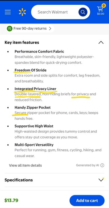 A Walmart product page displays key features of athletic shorts priced at $13.79, highlighting "Freedom Double Layered Privacy" and "Secure zipper pocket," with the caption noting the AI-generated descriptions suspiciously matching the buzzwords "Freedom," "Double Layered," and "Secure" used in the post.