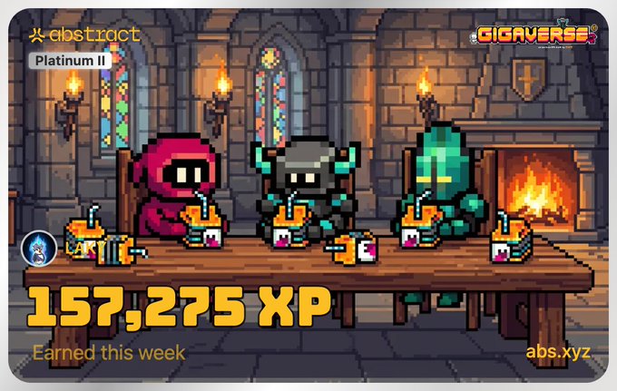 A pixel art RPG-style XP screen showing "abstract" at Platinum II rank with 157,275 XP earned this week, featuring three characters drinking at a tavern table, with "GIGAVERSE" logo and "abs.xyz" watermark.
