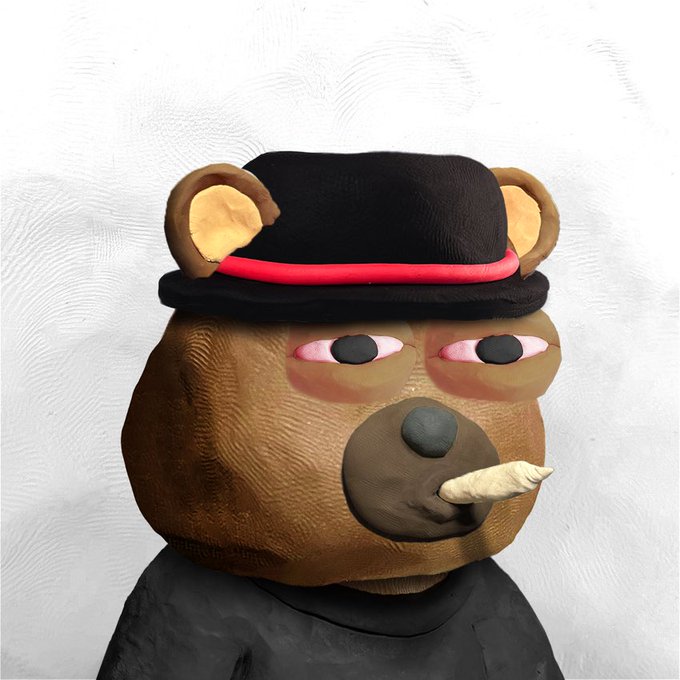 A 3D rendered brown bear wearing a black bowler hat with a red band has a cigar in its mouth against a textured white background.