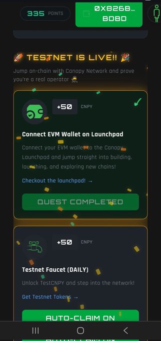 The image shows an EVM wallet screen, which displays a list of tasks that have been completed or are currently being done. The first task is "Connected my EVM wallet to the @CNPYNetwork Launchpad". There are several other tasks listed on the screen, including "First quest done." and "335 points in." This implies that the user has already completed a few tasks using their EVM wallet, and they have earned some points. The post also mentions that there is an auto-claim feature available for users to claim their rewards or credits from the network.