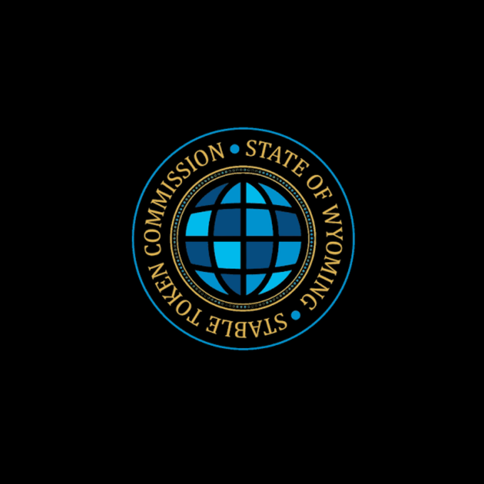 The image shows the official seal of the Wyoming Stable Token Commission, featuring a blue globe encircled by gold text reading "STATE OF WYOMING" and "STABLE TOKEN COMMISSION." The seal visually represents the regulatory body responsible for issuing the Frontier Stable Token (FRNT), the very token being migrated to Chainlink CCIP as described in the accompanying post.