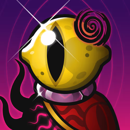 A stylized cartoon character with a large yellow eye, a rose on its head, wearing red clothing against a purple background with dark flames.